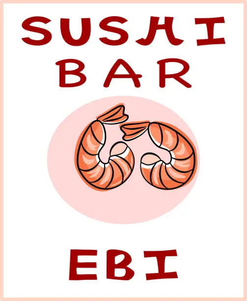 Vector illustration of Sushi bar poster with delicious shrimp.