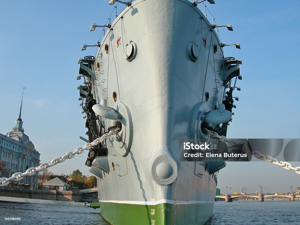 Cruiser Aurora Ship staing at Saint-Petersburg's bay     Anchor - Vessel Part Stock Photo