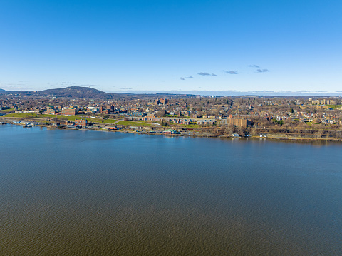 Scenic winter morning aerial photo of Newburgh, NY from the Hudson River looking west, December 20, 2022