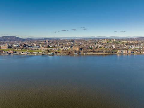 Scenic winter morning aerial photo of Newburgh, NY from the Hudson River looking west, December 20, 2022
