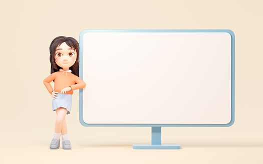 The cartoon girl and computer monitor, 3d rendering. Digital drawing.