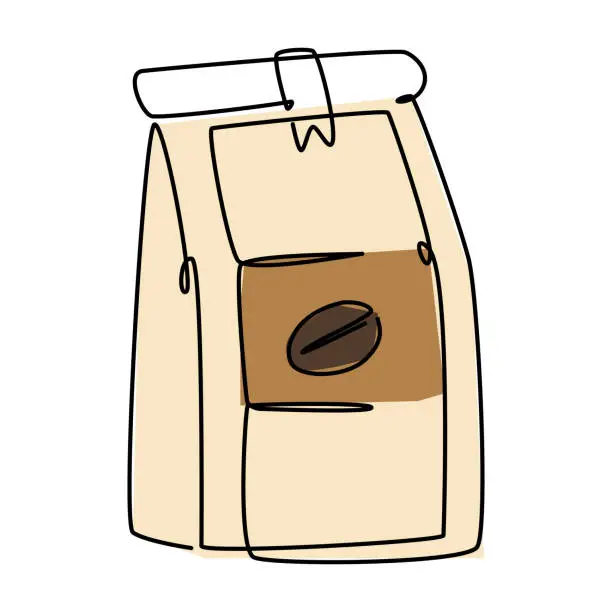 Vector illustration of Single line drawing of a pouch of coffee. Simple flat color doodle style design for food and beverage concept