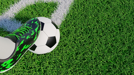 3d rendering of soccer ball on the edge of a soccer field lawn being stopped by a soccer boot.