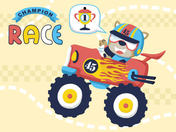 Cartoon vector of funny cat driving monster truck, car racing element illustration This illustration suitable for your business purpose or personal use. The illustration is vector-based. They are fully editable and scalable without losing resolution ursus tractor stock illustrations