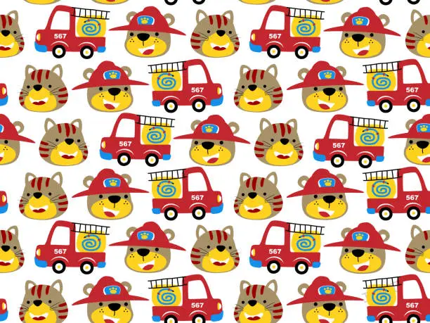 Vector illustration of Seamless pattern vector. Fire truck with funny bear using firefighter helmet and smiling cat