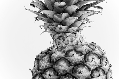 Closeup shot of a pineapple in black and white, high contrast to enhance detail.