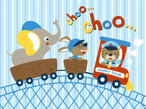 Vector illustration of Funny tiger driving steam train with rabbit and elephant in the wagon. Vector cartoon illustration