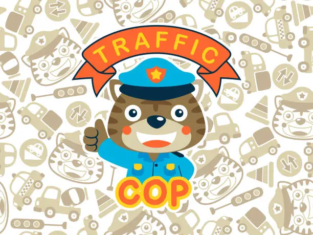 Vector illustration of Cute tiger in traffic cop  costume on seamless pattern background, including cars, traffic sign, tiger head