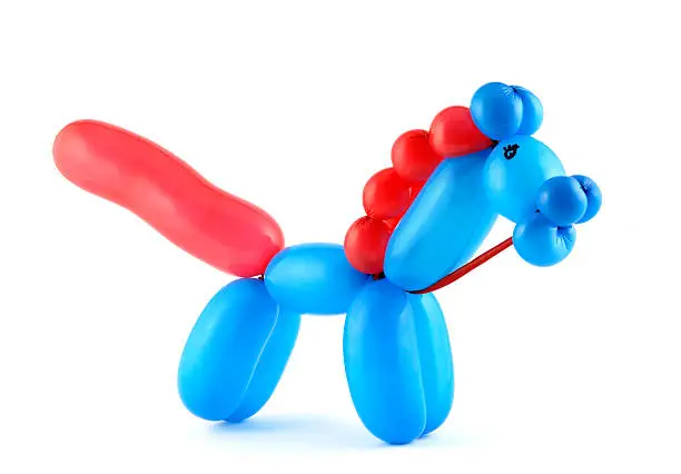 Photo of Horse made out of blue and red balloons on white background