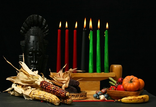Typical kwanzaa display with all the symbols of the holiday