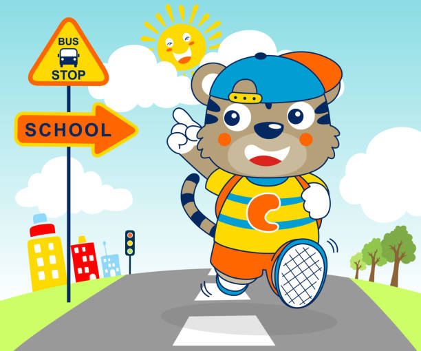 Vector illustration of little tiger going to school walking in road, city traffic element on blue sky background This illustration suitable for your business purpose or personal use. The illustration is vector-based. They are fully editable and scalable without losing resolution school bus stop stock illustrations