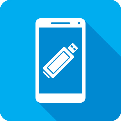 Vector illustration of a smartphone with USB storage stick icon against a blue background in flat style.