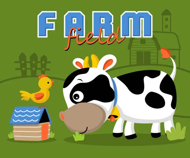 Vector illustration of Farm element cartoon with funny cow eat grass, little chicken on cage. Vector cartoon illustration