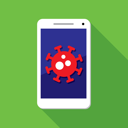 Vector illustration of a smartphone with red virus icon against a green background in flat style.