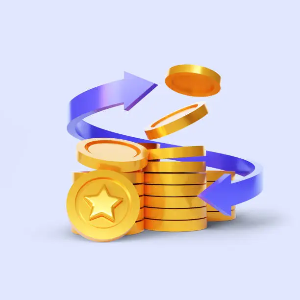 Cash Back concept, get rewards, Earn Point and refund from online shopping, Loyalty program, coins with arrows, digital payment with money back. 3D rendering