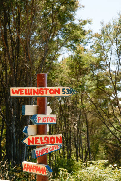 señal de dirección rústica en queen chalotte track - queen charlotte sound fotografías e imágenes de stock