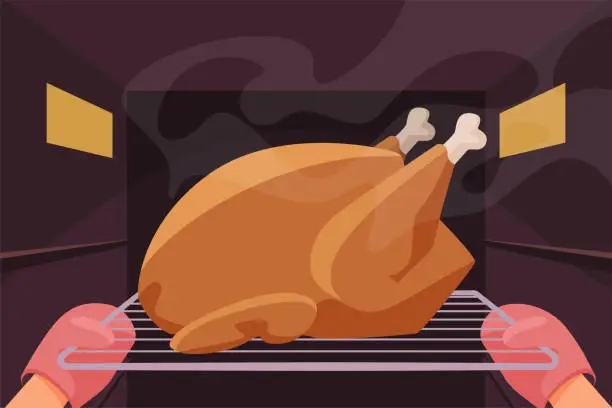 Vector illustration of Hands of chef in safety gloves holding tray with turkey, person cooking Thanksgiving food