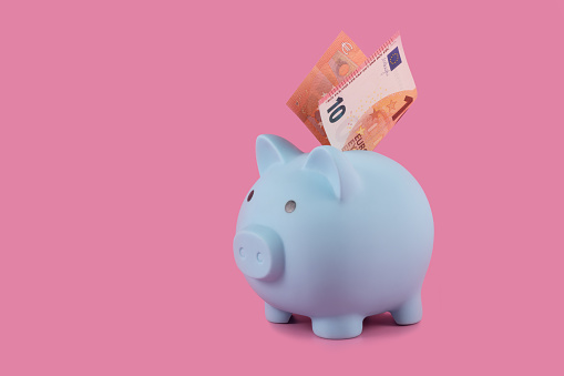 Blue piggy bank and 10 euro banknote on a pink background