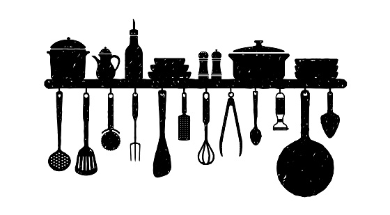 Hanging kitchen utensil vector illustration | rough sketch texture
