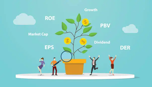 Vector illustration of value investing concept with big tree growth with ratio company analysis like pbv eps der with modern flat style