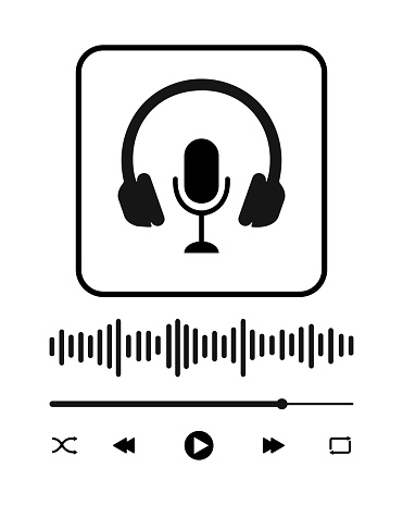 Online radio, podcast, broadcast concept. Audio player interface with headphones and microphone signs, sound wave, loading bar and buttons. Mediaplayer panel template. Vector graphic illustration