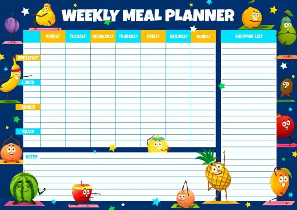 Vector illustration of Weekly meal planner with cartoon fruits on yoga
