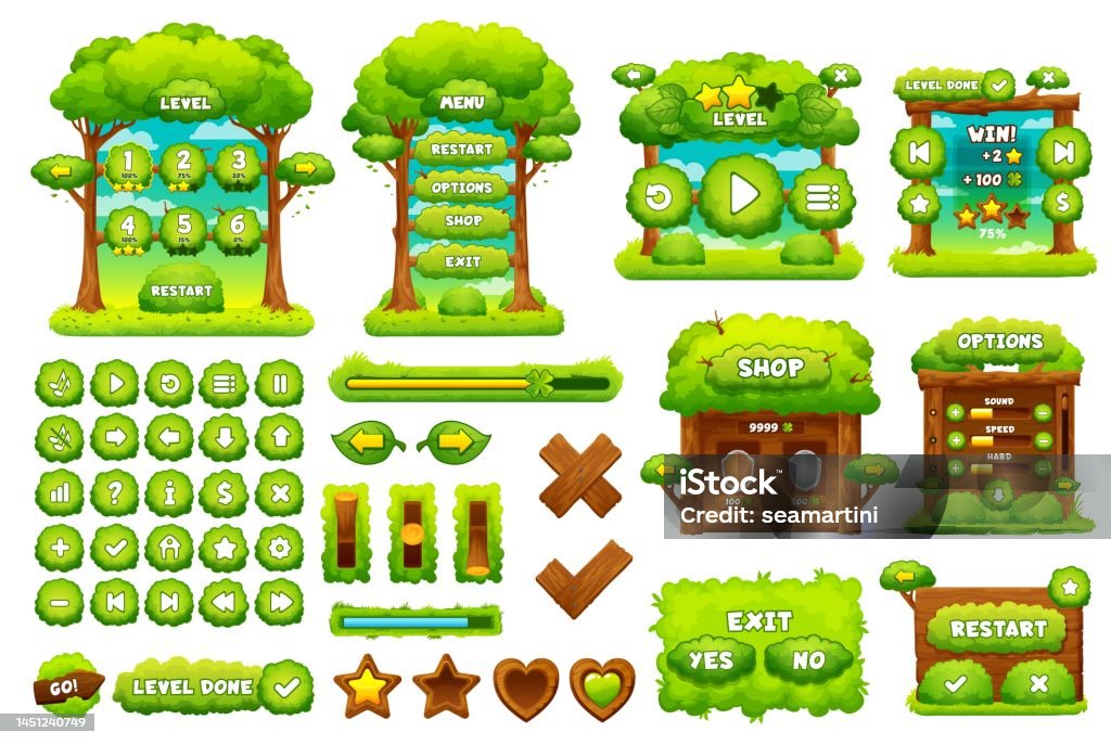 Green Forest Game Interface Ui Game Buttons Set Stock Illustration ...