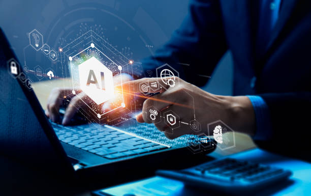 istock Businessman touching the brain working of Artificial Intelligence (AI) Automation, Predictive analytics, Customer service AI-powered chatbot, analyze customer data, business and technology 1451243521