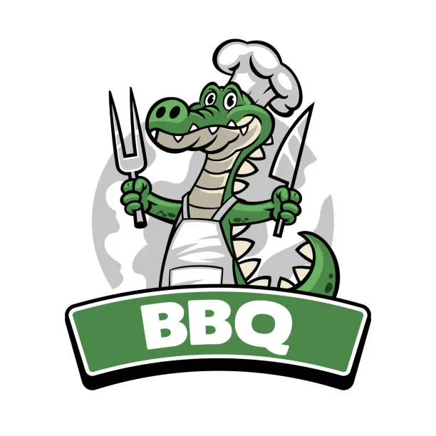 Vector illustration of Crocodile BBQ mascot Logo in Cartoon