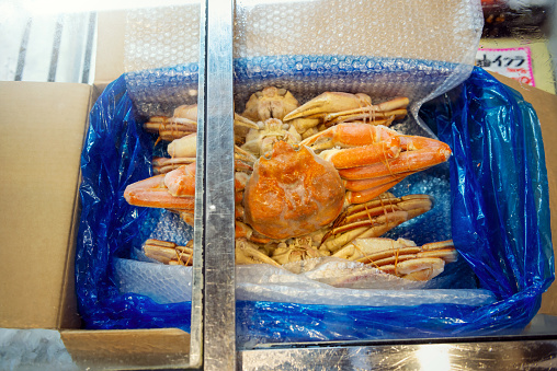 Seafood at the fish market. Japanese fish market.