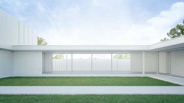 istock House with concrete terrace near empty grass floor courtyard. 1451262719