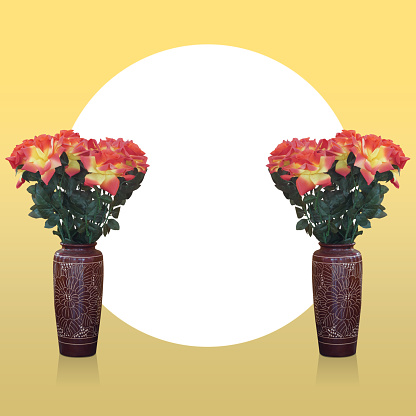 two red and yellow rose flowers in brown ceramic vase on white circle on yellow background, nature, decor, object, fashion, vintage, love, valentine, copy space