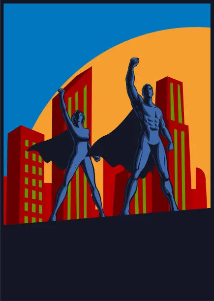 Vector illustration of Vector Retro Propaganda Poster Superheroes Raising Fist in the Air Stock Illustration
