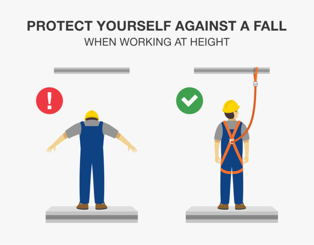 ilustrações de stock, clip art, desenhos animados e ícones de workplace golden safety rule. wear safety harness when working at heights. - wrong injury