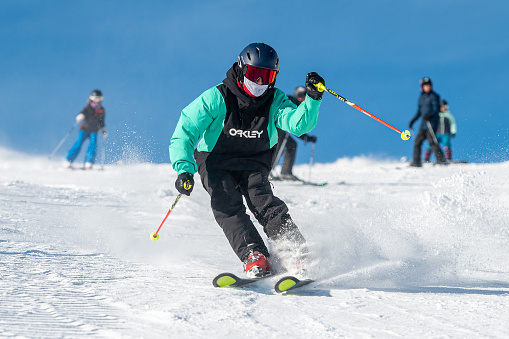 Grandvalira, Andorra: 2022 December 14: Skier on the slopes of Grandvalira in Andorra in winter 2022.