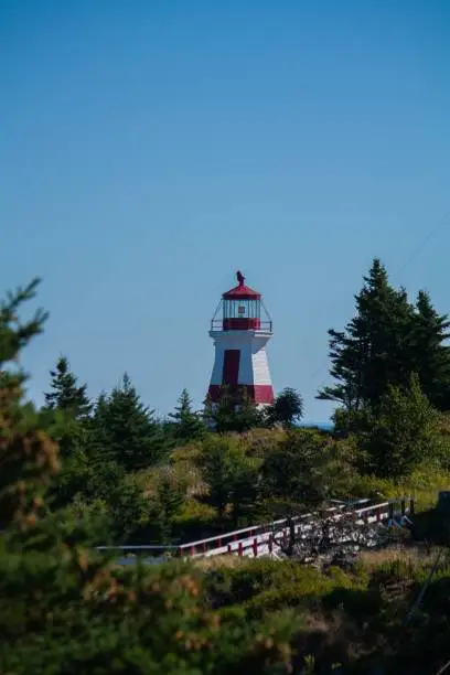 A vertical shot of the Head Harbour Lightstation on a blue sky background in Campobello, New Brunswick