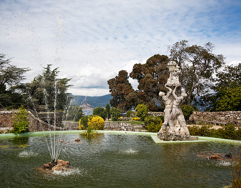 Pond in the Castro Mount public park (Parque Monte del Castro) in Vigo, Pontevedra province, Galicia, Spain. Top of a hill ovewrlookg the bay of Vigo.