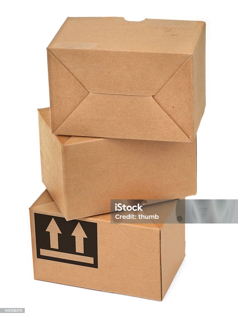 stack of three cardboard boxes stack of three cardboard boxes againt white background, see more my related images at lightbox: Arrow Symbol Stock Photo