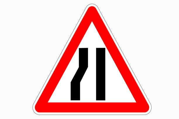 istock Narrow road red triangle sign. Warning road traffic sign. 1451283855