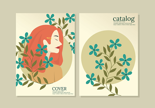 Modern abstract covers set, minimal covers design. woman face illustration background with flowers, vector illustration.