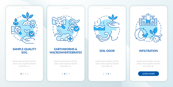 Soil health blue onboarding mobile app screen. Regenerative farming walkthrough 4 steps editable graphic instructions with linear concepts. UI, UX, GUI template. Myriad Pro-Bold, Regular fonts used