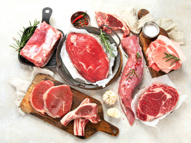 istock Assortment of raw meats on grey background. 1451295294