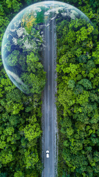 istock Eco car on forest road with earth planet going through forest, Ecosystem ecology healthy environment road trip travel, Eco car with nature, Electric car and earth EV electrical energy for environment. 1451295807