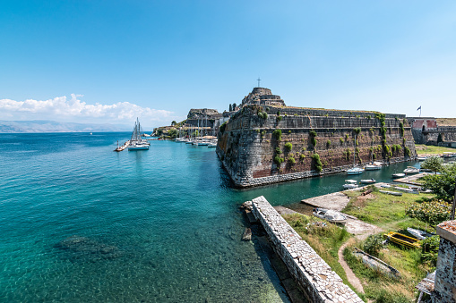 Panoramic view of the old Venetian fortress and harbor in summer season on the Greek Island of Corfu Greece.