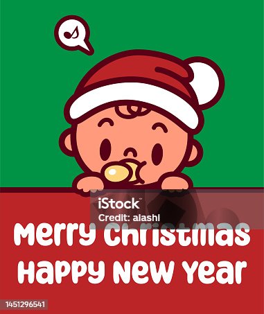 istock A cute baby wearing a Santa hat holds a sign and wishes you a Merry Christmas and a Happy New Year 1451296541