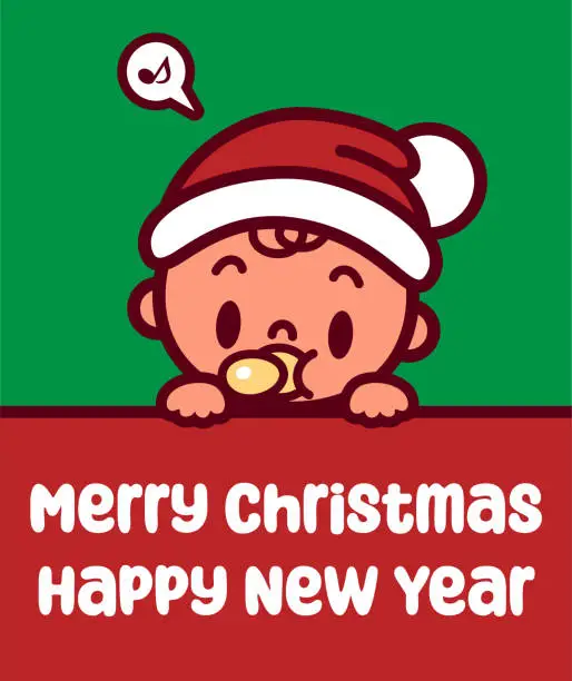 Vector illustration of A cute baby wearing a Santa hat holds a sign and wishes you a Merry Christmas and a Happy New Year