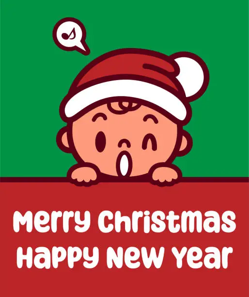 Vector illustration of A cute baby wearing a Santa hat holds a sign and wishes you a Merry Christmas and a Happy New Year