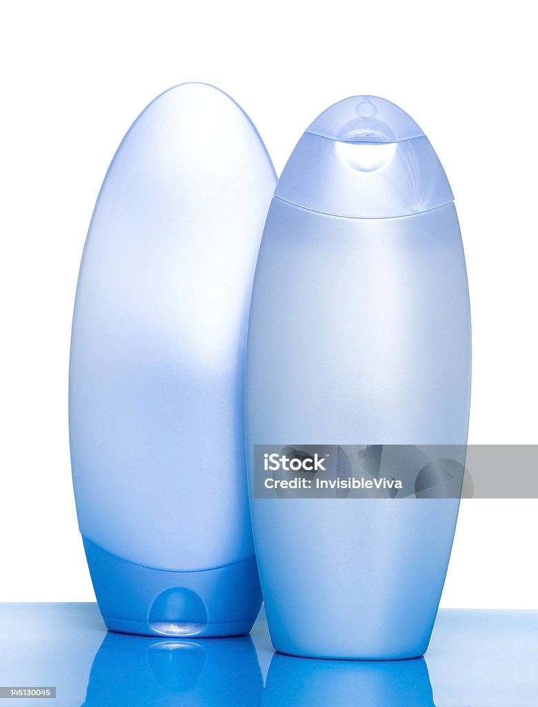 blue bottles with shampoo on white background Bathroom Stock Photo