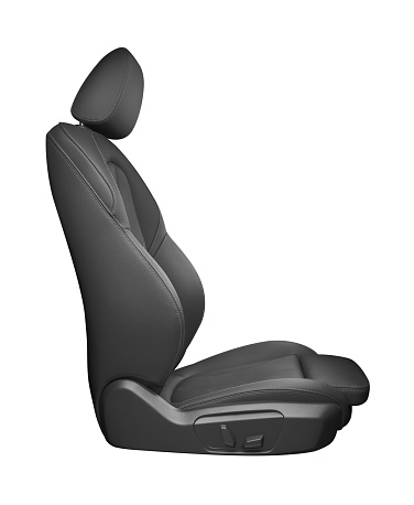 Side view of a black sporty leather car seat, isolated on white background.