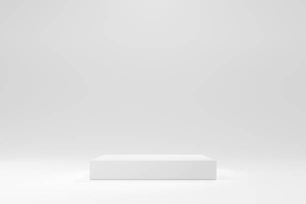 Simple white square podium product display stand stock background Simple white square podium product display stand stock 3D illustration background display cabinet stock pictures, royalty-free photos & images